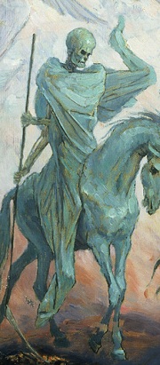 The pale figure of Death rides a pale horse and holds a scythe